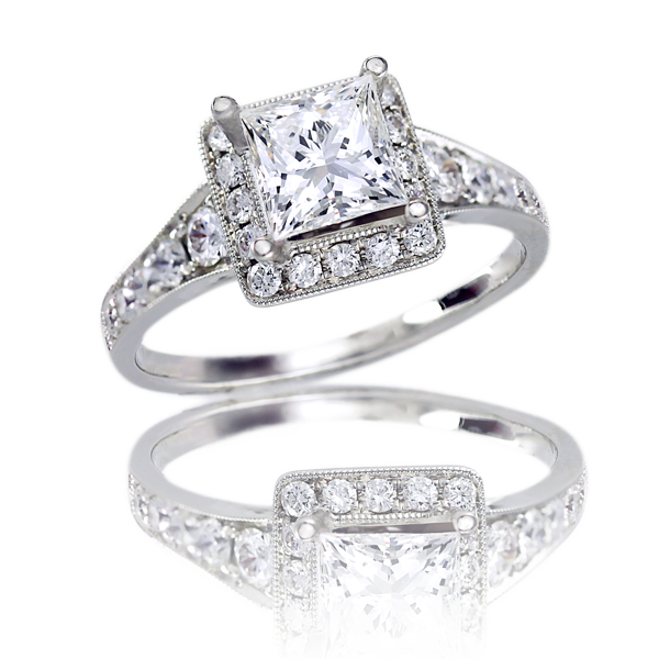 beautiful-diamond-wedding-band-princess-cut-halo-“Custom jewelry made in Howell, MI”